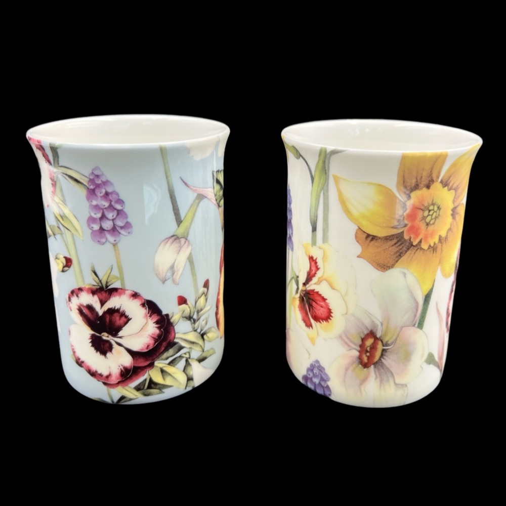 Stechcol Gracie Bone China Cup Mug Pansies Daffodils Floral Pattern. Set of 2